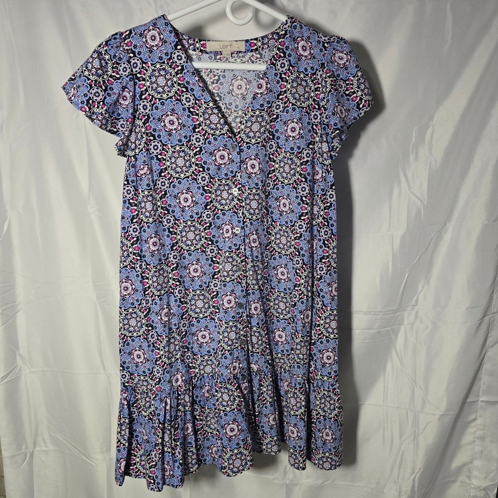 LOFT Womens Blue Pink Medallion Floral boho indie grandmacore Ruffle Dress S